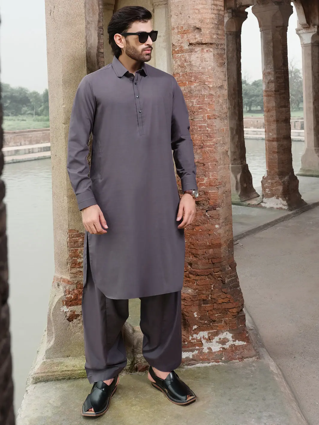 Charcoal Grey Blended Kameez Shalwar - Alwa-Ks-207 1