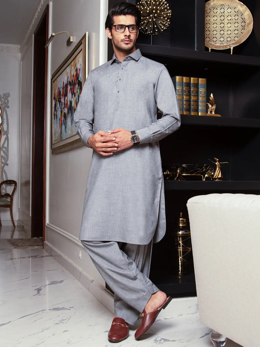 Light Grey Blended Kameez Shalwar - Alwa-Ks-292 1