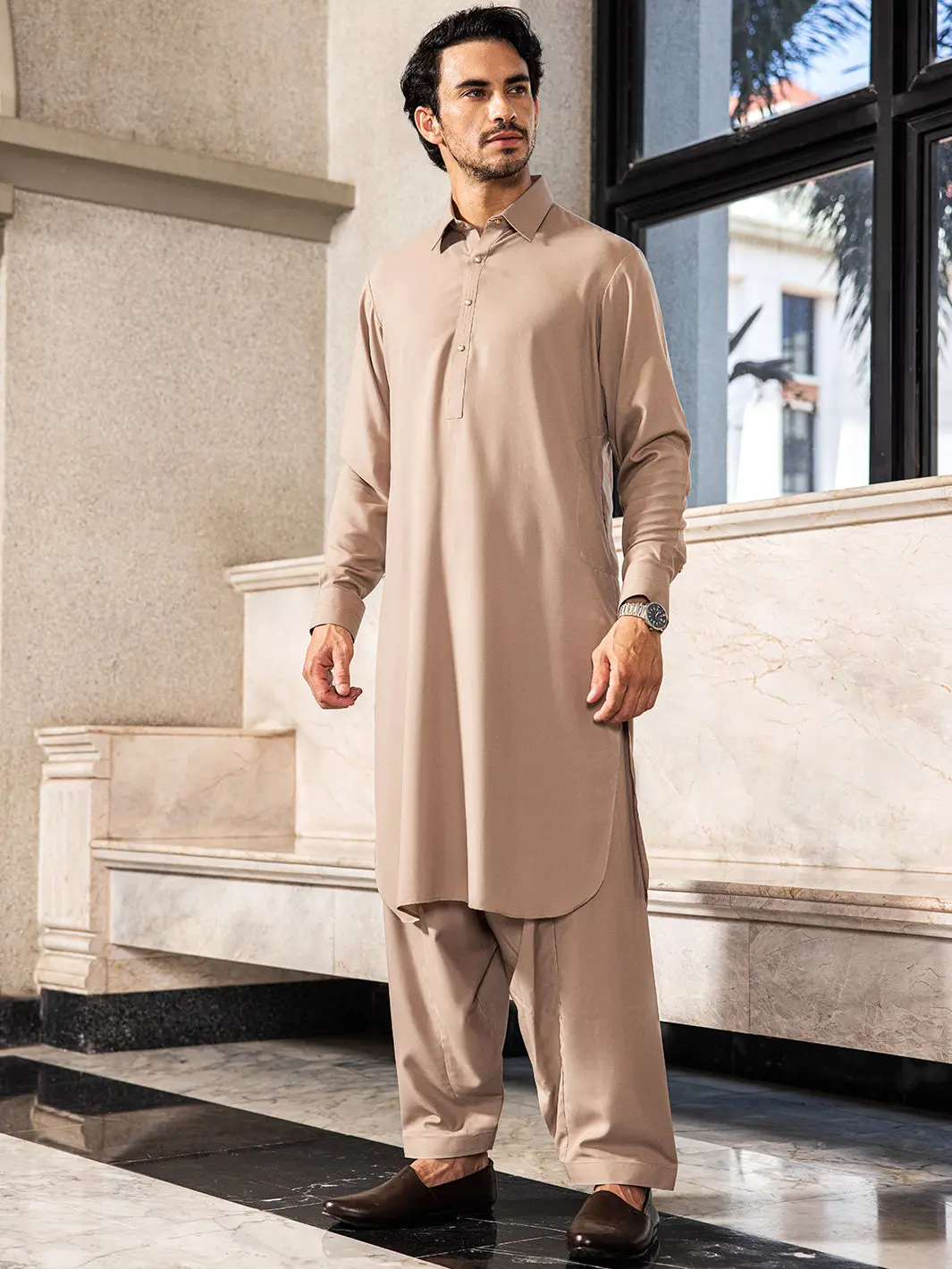 Sand Brown Blended Kameez Shalwar - Alwa-Ks-416 1