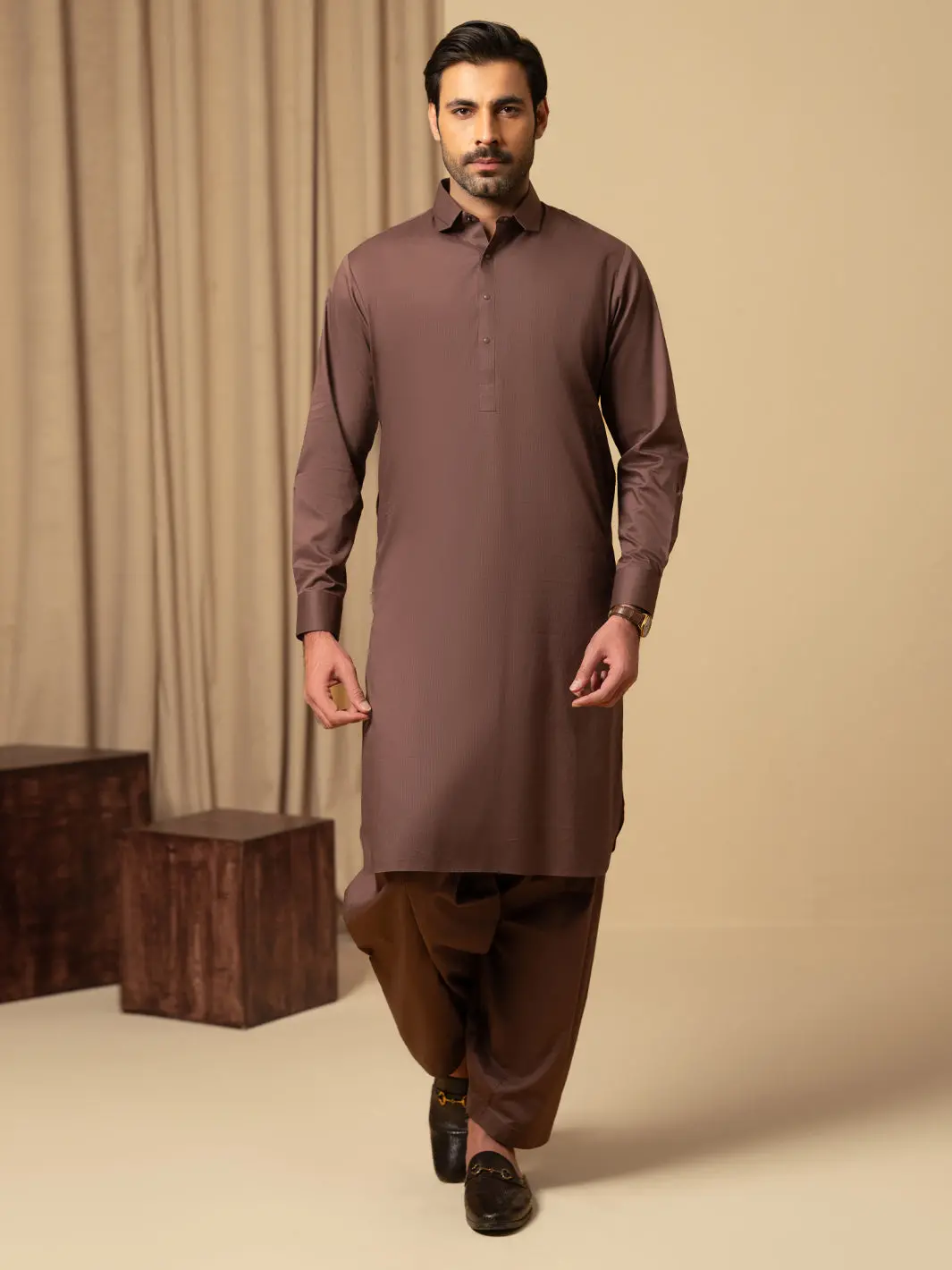 Brown Cotton Kameez Shalwar - Alwa-Ks-543 1