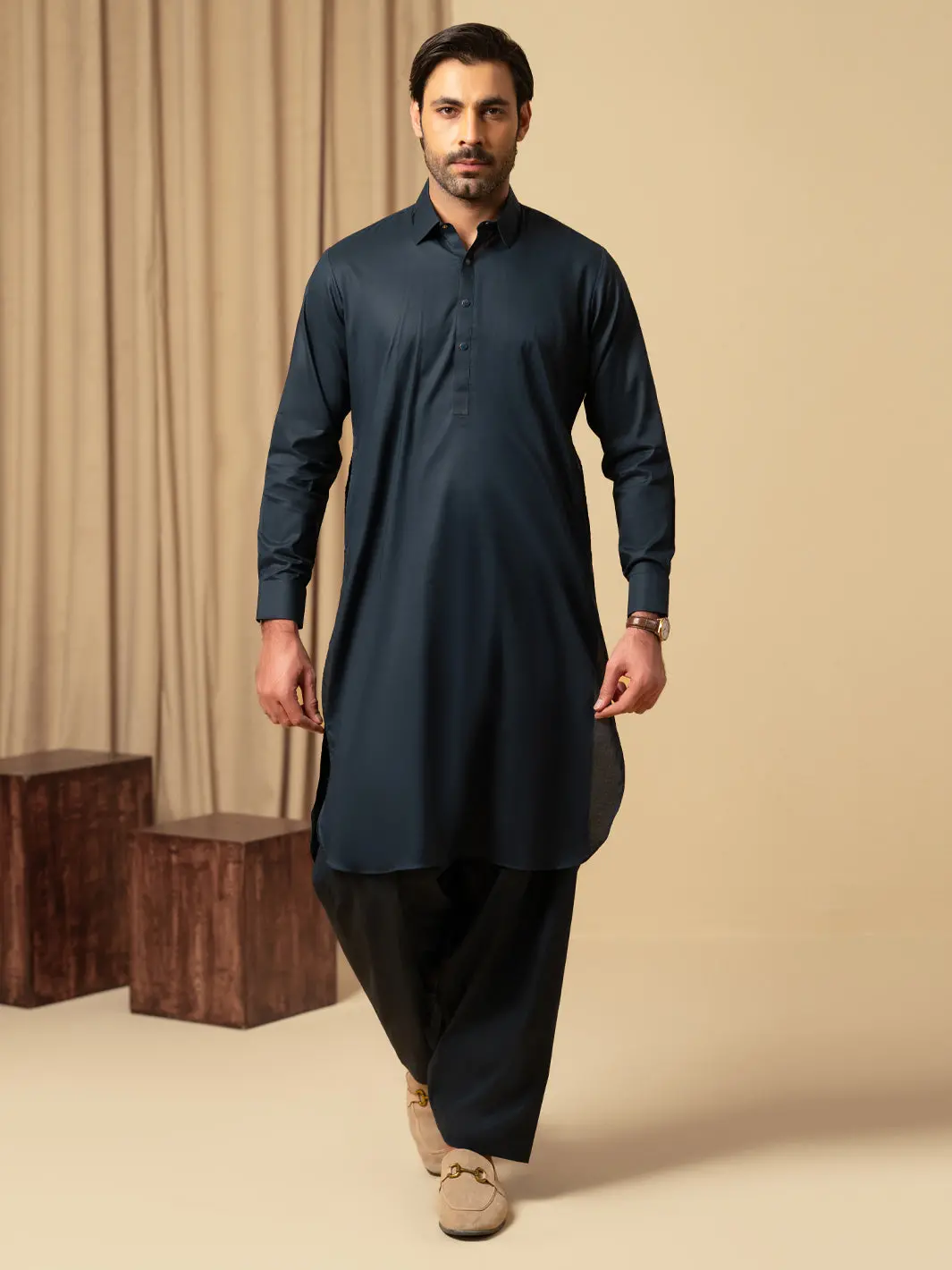 Navy Blue Cotton Kameez Shalwar - Alwa-Ks-571 1
