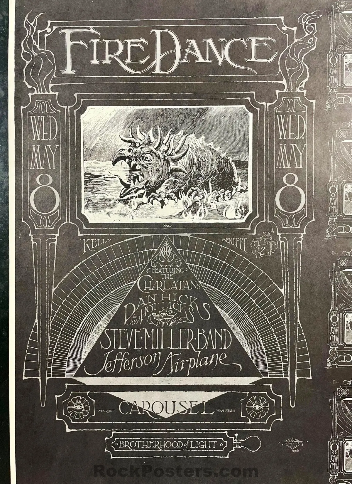 Auction - Aor 2.173 - Fire Dance - Mouse & Kelley Signed - 1968 Uncut Poster - Carousel Ballroom - Excellent 2