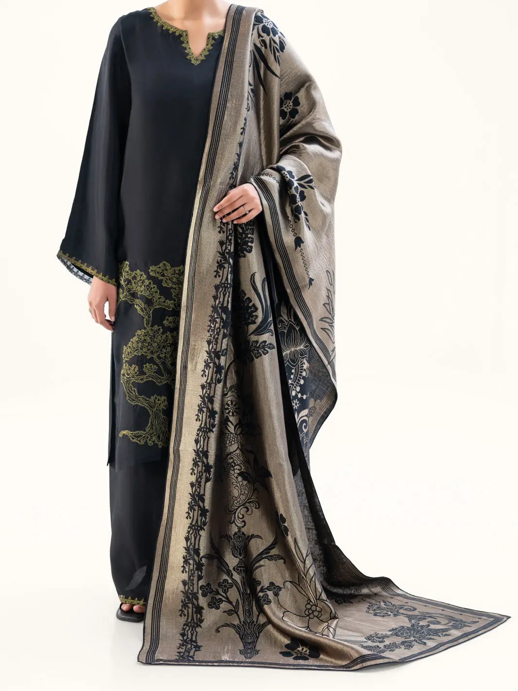 Black Taffeta Silk 3Pc Unstitched - Awp-3Ps-777 1