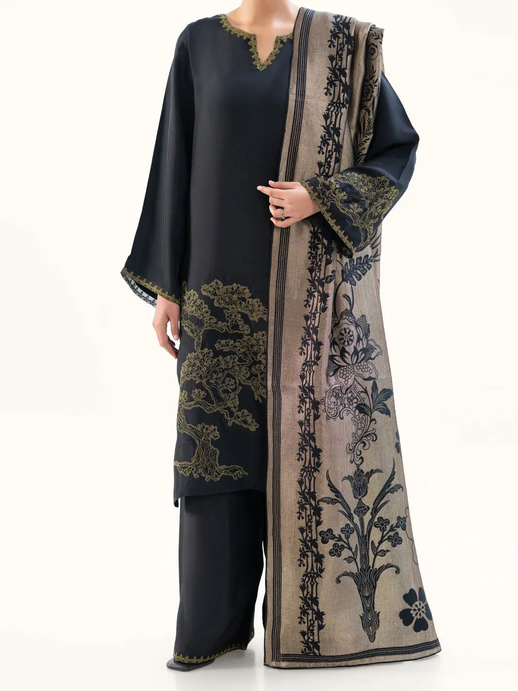 Black Taffeta Silk 3Pc Stitched - Awp-3Ps-777 1