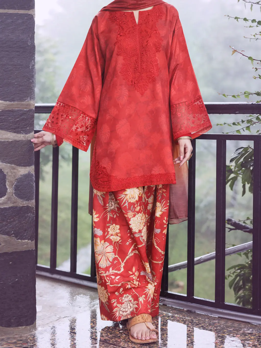Red Poly Jacquard 3Pc Unstitched - Awp-3Ps-797 1
