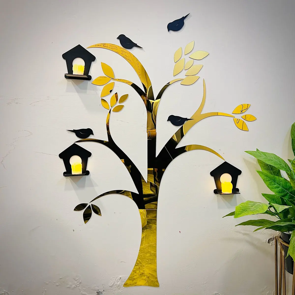 Acrylic Birds On Tree Wall Decor With Wooden Shelves – Large Size 1