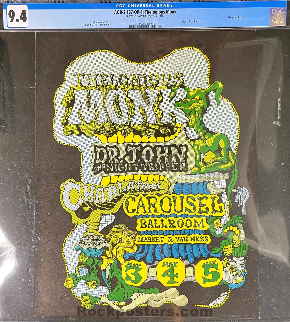 Auction - Aor 2.167 - Thelonious Monk - Dr. John - Rick Shubb - Carousel Ballroom - 1968 Poster - Cgc Graded 9.4 1