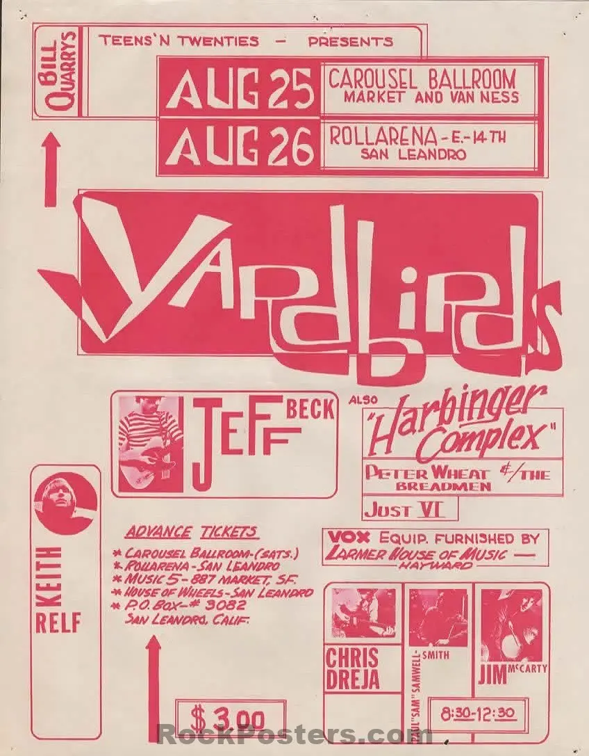 Auction - Aor 2.293 - Yardbirds - Jimmy Page/Jeff Beck - 1966 Handbill - Carousel Ballroom - Excellent 1