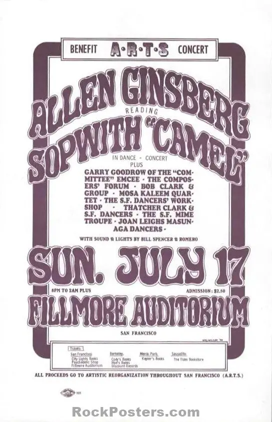 Aor 2.75 - Allen Ginsberg - 1966 Handbill - Arts Benefit - Fillmore Auditorium - Near Mint 1