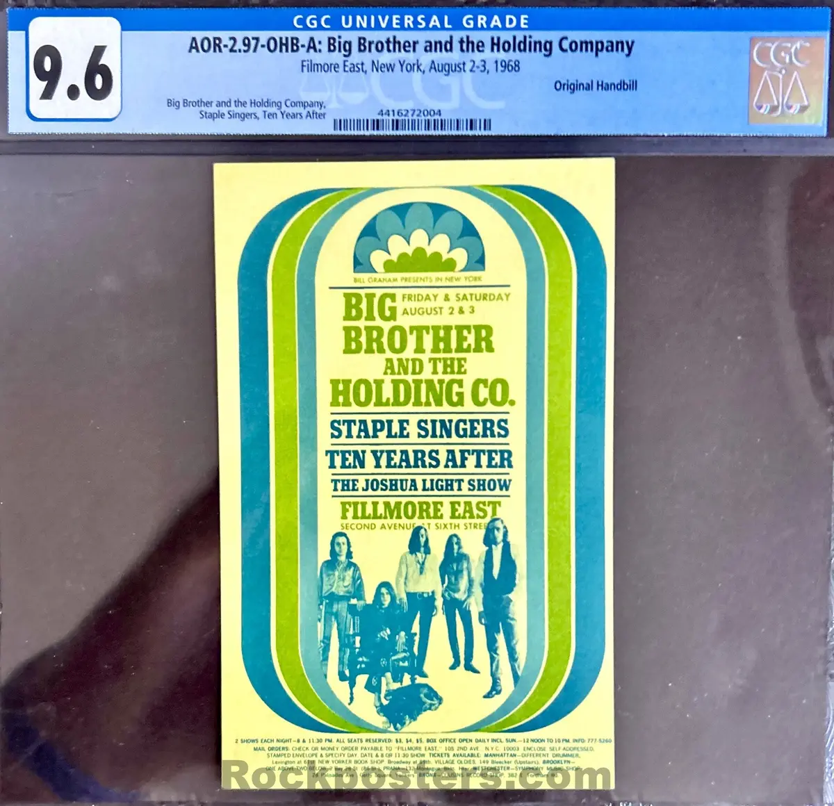 Auction - Aor 2.97 - Janis Joplin & Big Brother - 1968 Postcard - Fillmore East - Cgc Graded 9.6 1