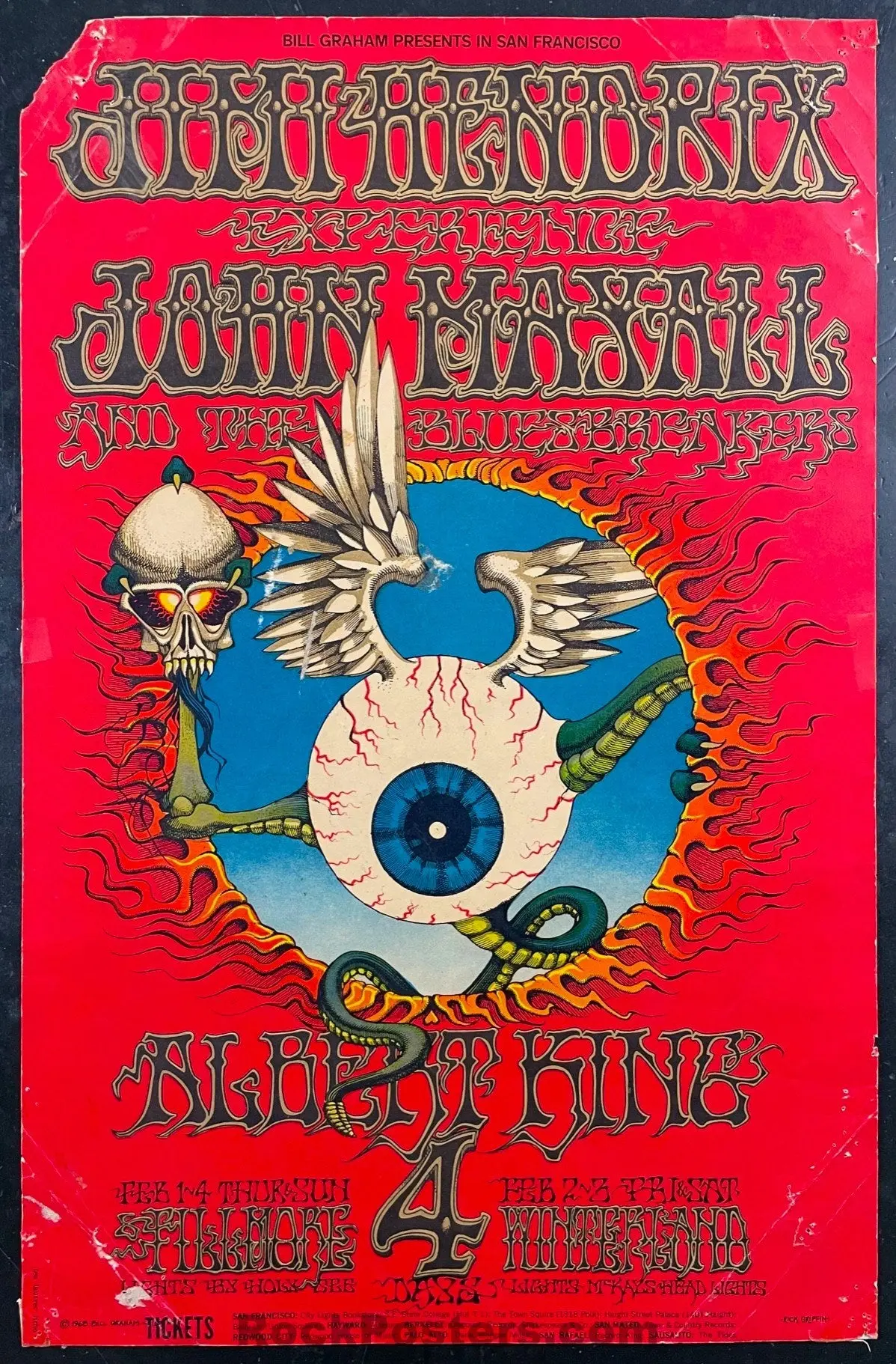 Auction -  Bg-105 - Jimi Hendrix Experience - Rick Griffin - Flying Eyeball - Fillmore/Winterland - 1968 Concert Poster - Rough 1