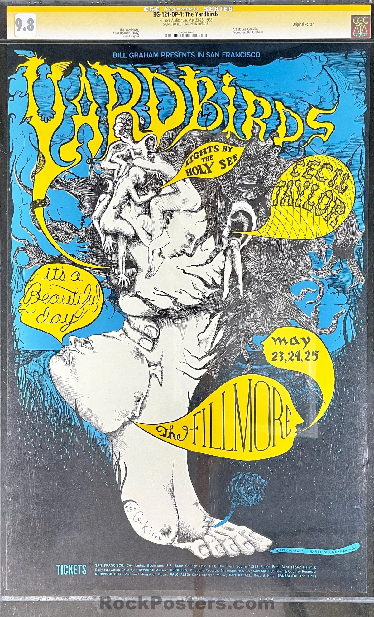 Bg-121 - Yardbirds - Lee Conklin Signed - 1968 Poster - Fillmore Auditorium - Cgc Graded  9.8 1