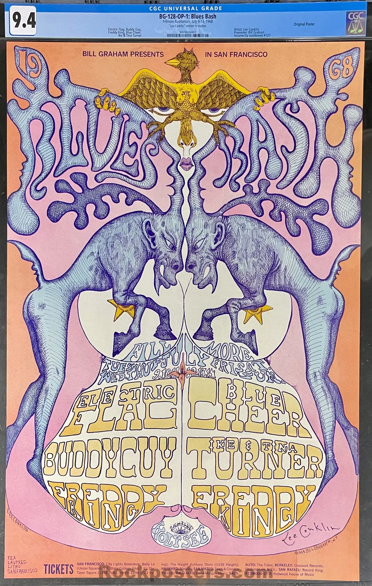 Bg-128 - Electric Flag - Lee Conklin Signed - 1968  Poster -  Fillmore Auditorium - Cgc Graded 9.4 1