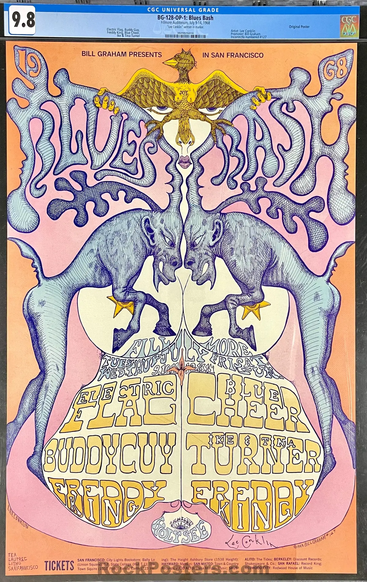 Bg-128 - Blue Cheer - Lee Conklin Signed - 1968  Poster - Fillmore Auditorium - Cgc Graded 9.8 1