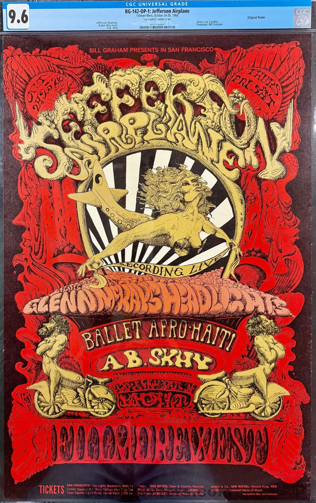 Auction - Bg-142 - Jefferson Airplane - Lee Conklin Signed - 1968 Poster - Fillmore West - Cgc Graded 9.6 1