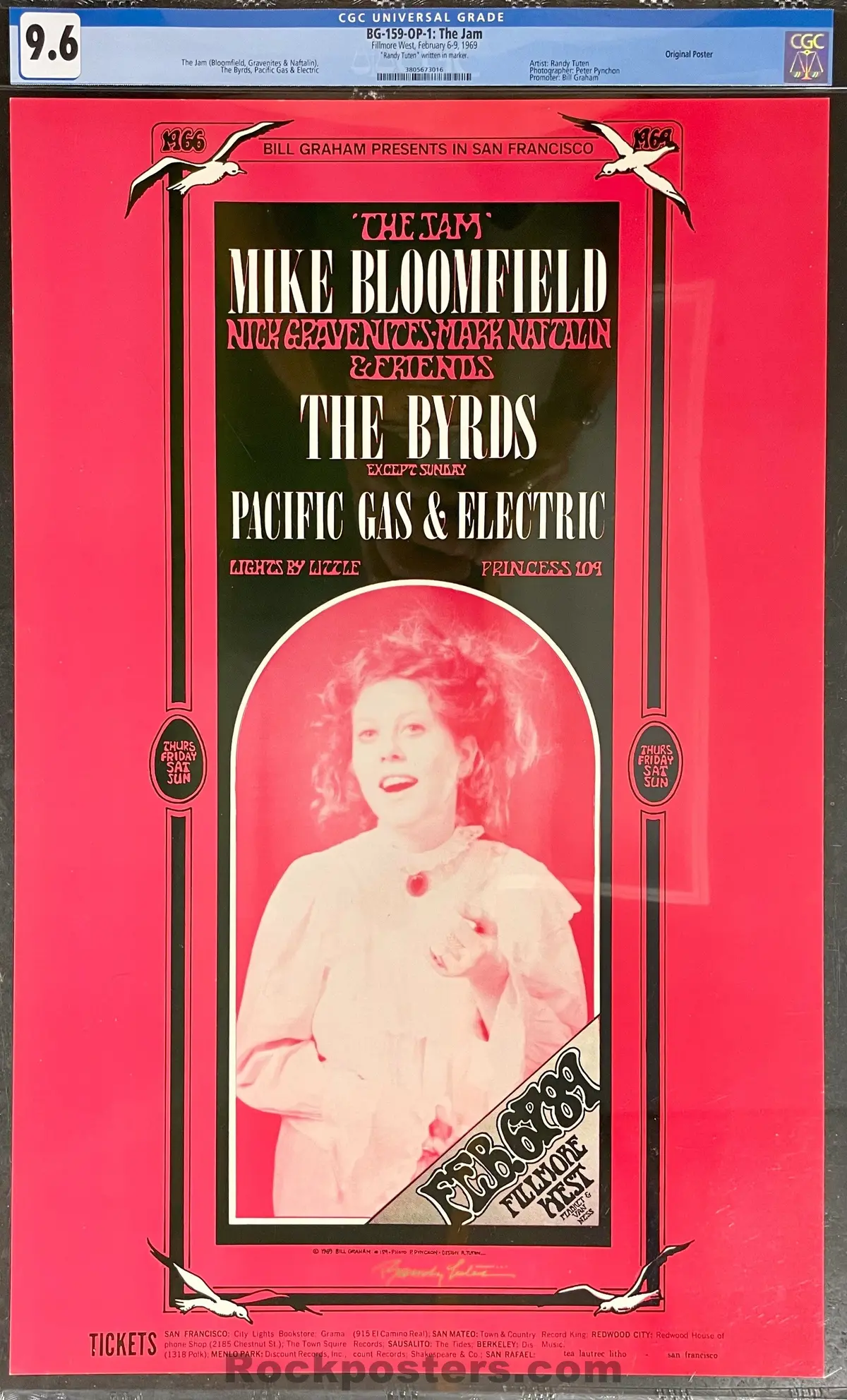Bg-159 - The Byrds - Mike Bloomfield - 1969 Poster - Randy Tuten Signed - Fillmore West - Cgc Graded 9.6 1
