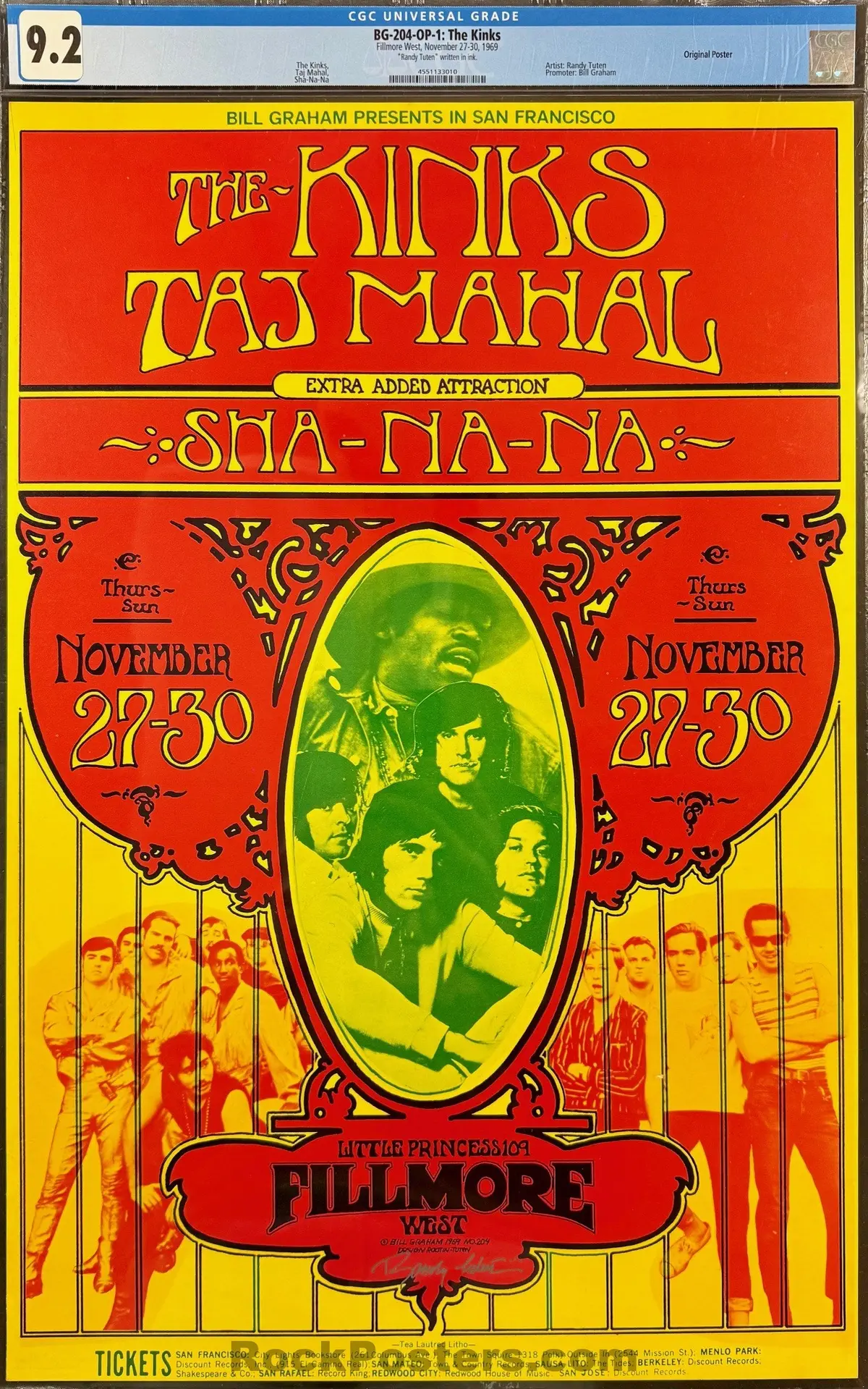 Auction - Bg-204 - Kinks/Taj Mahal - Randy Tuten Signed - 1969 Poster - Fillmore West - Cgc Graded 9.2 1