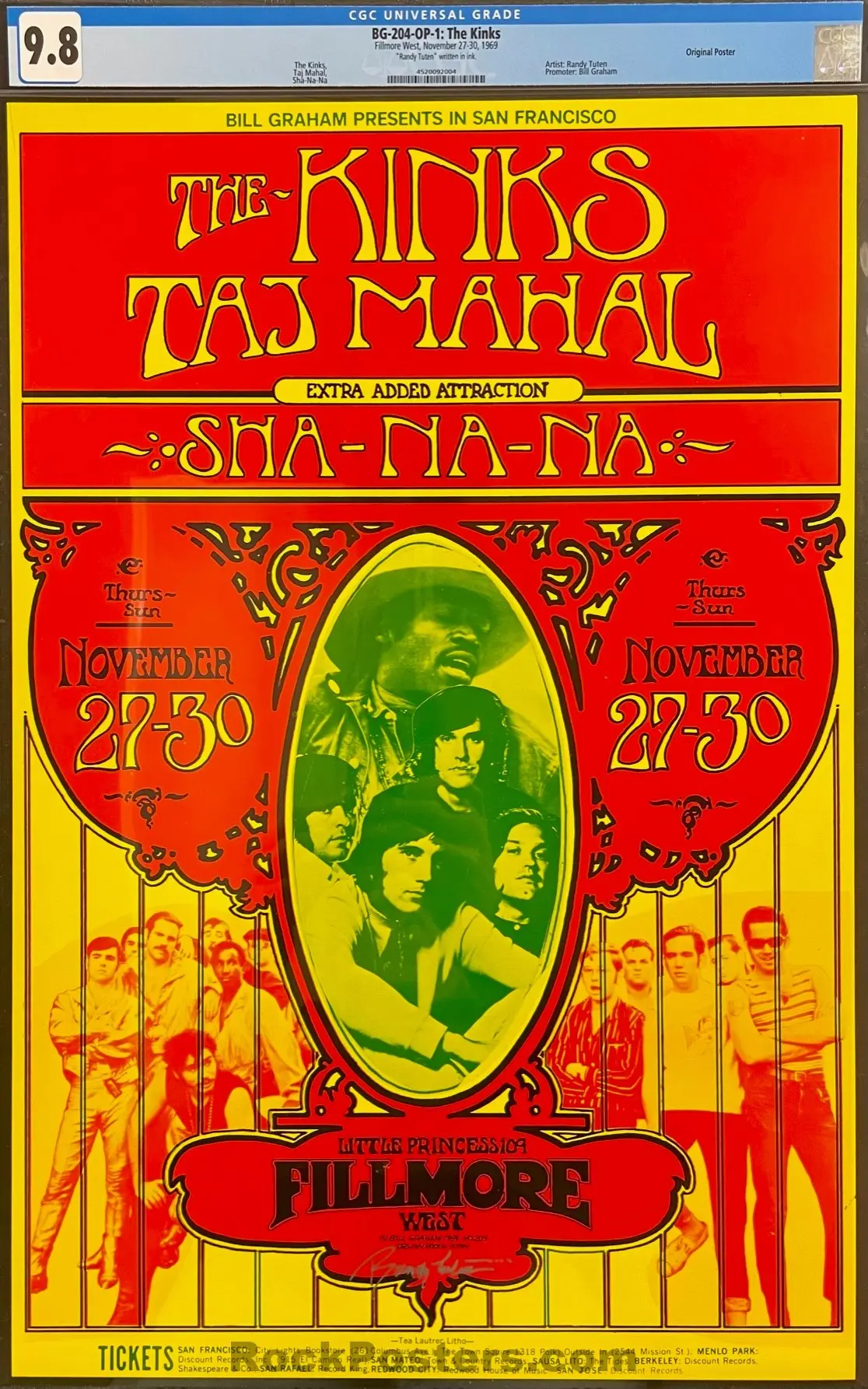 Auction - Bg-204 - Kinks Taj Mahal - Randy Tuten Signed - Fillmore West - 1969 Poster - Cgc Graded 9.8 1
