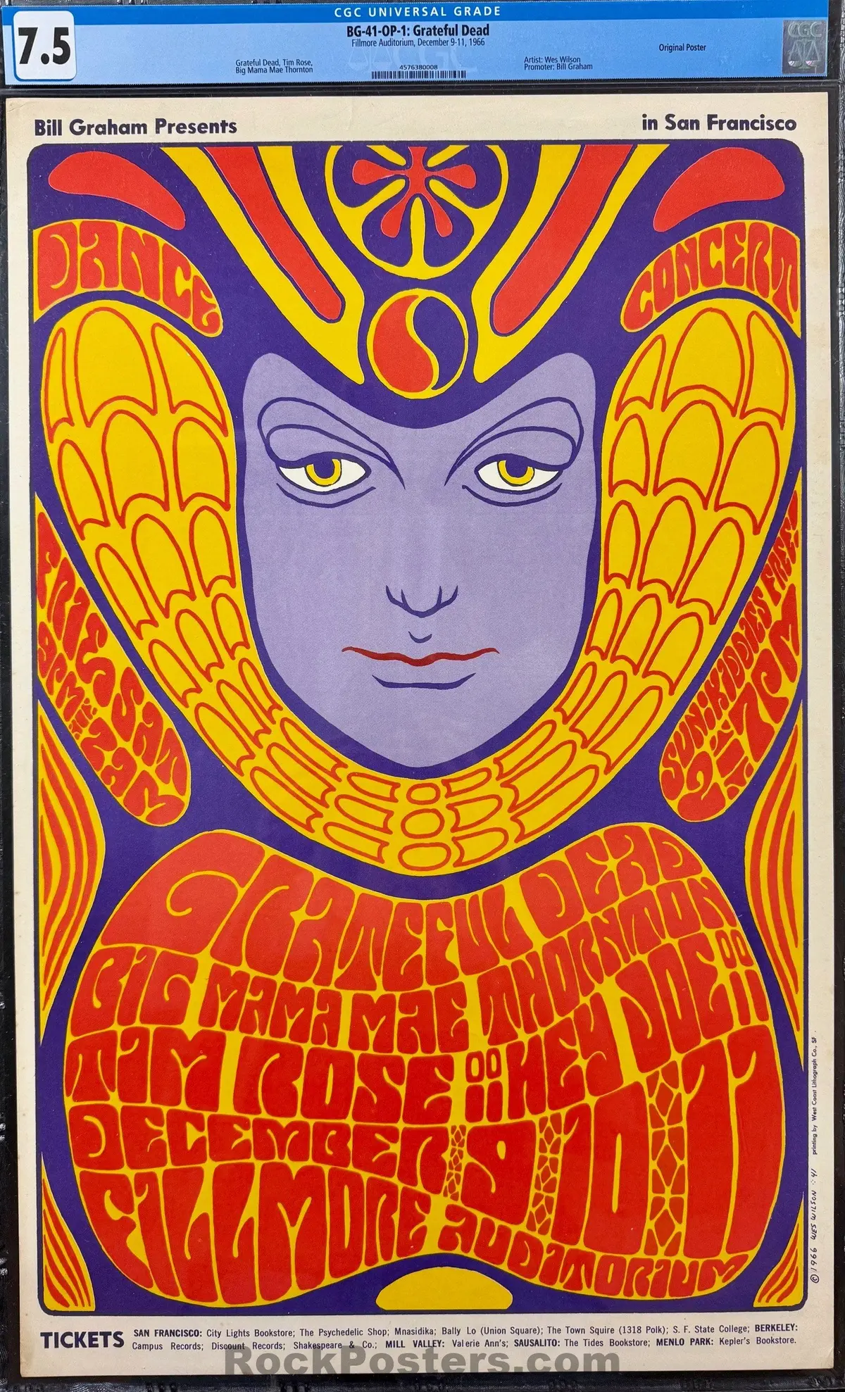 Auction - Bg-41 - Grateful Dead - Wes Wilson - 1966 Poster - Fillmore Auditorium - Cgc Graded 7.5 1