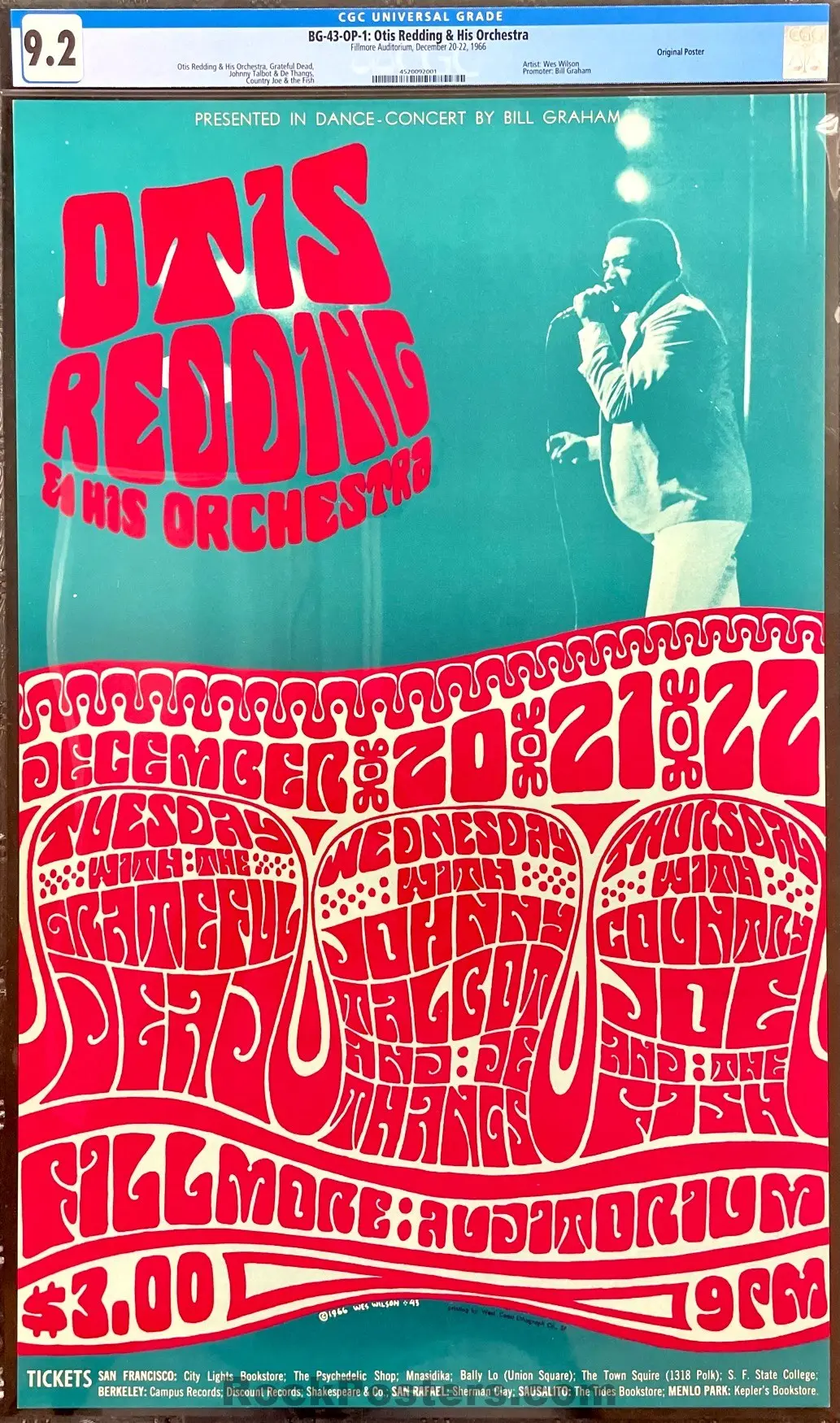 Auction - Bg-43 - Otis Redding - Grateful Dead - Wes Wilson - 1966 Poster - Fillmore Auditorium - Cgc Graded 9.2 1