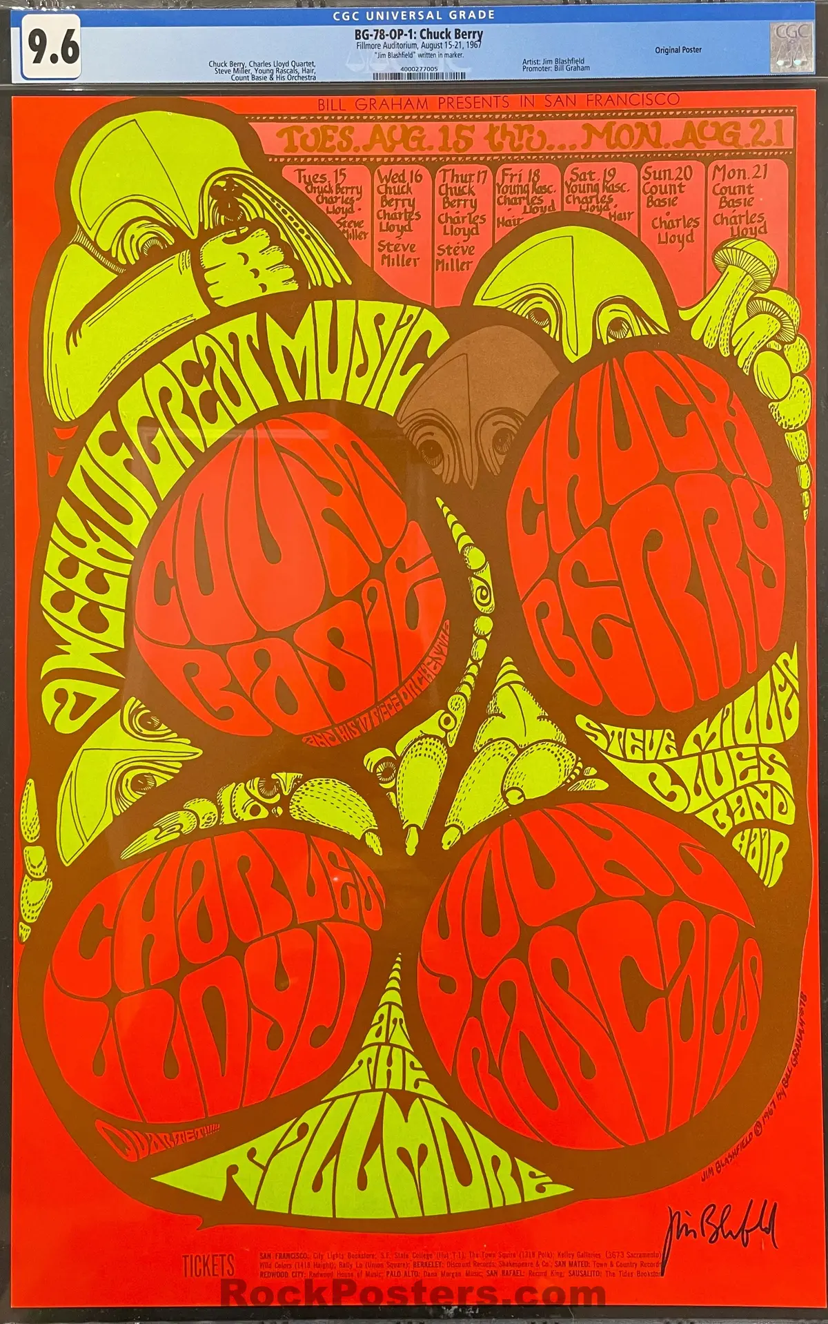 Bg-78 - Count Basie/Chuck Berry - Jim Blashfield Signed - 1967 Poster - Fillmore Auditorium - Cgc Graded 9.6 1