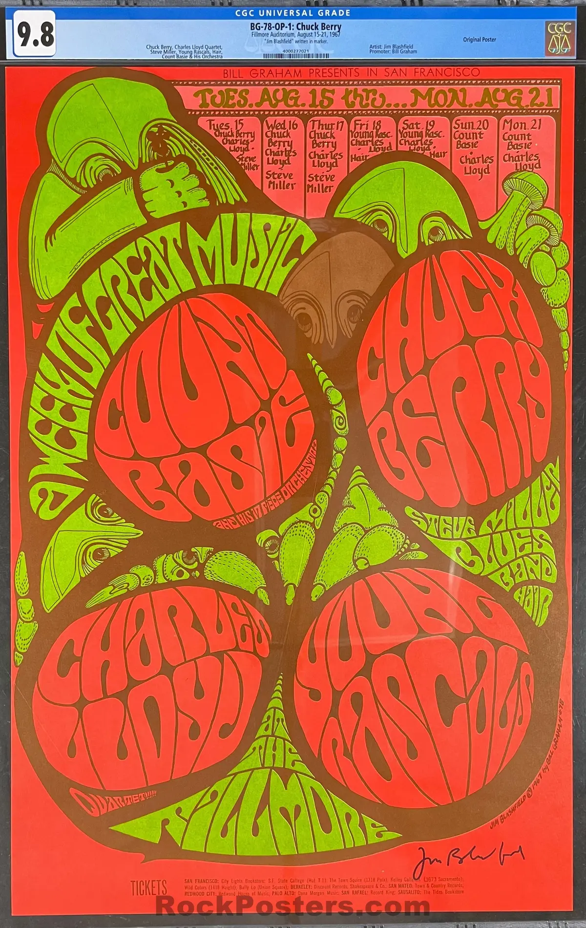 Auction - Bg-78 - Count Basie - Chuck Berry - Jim Blashfield Signed - Fillmore Auditorium -  1967 Poster - Cgc Graded 9.8 1
