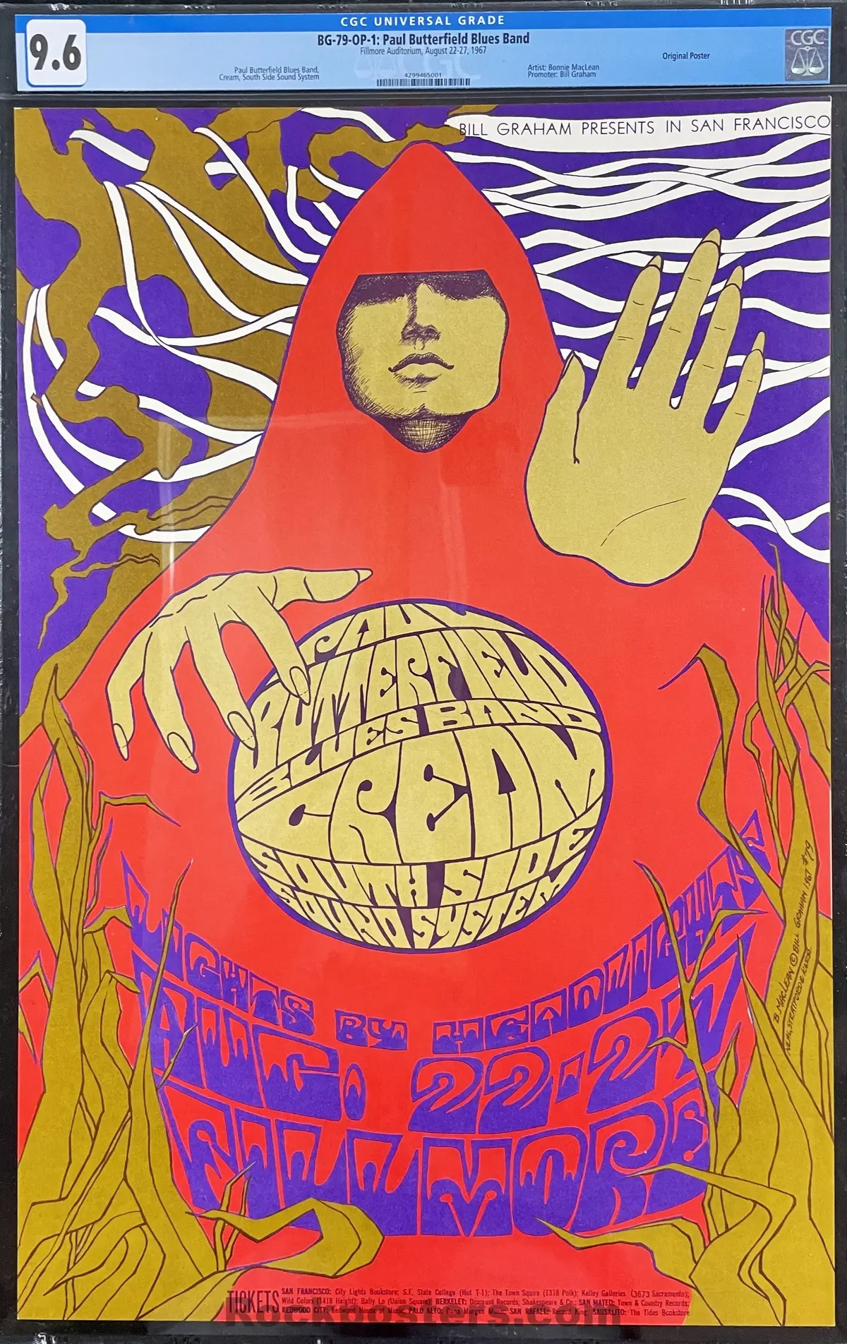 Auction - Bg-79 - Cream - Eric Clapton - Bonnie Maclean - 1967 Concert Poster - Fillmore Auditorium -  Cgc Graded 9.6 1