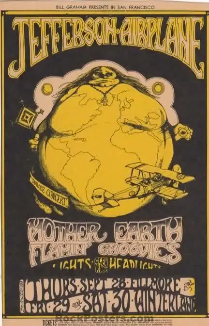 Auction -  Bg-85 - Jefferson Airplane - Flamin' Groovies - 1967 Postcard - Black / Yellow Variant - Very Good 1