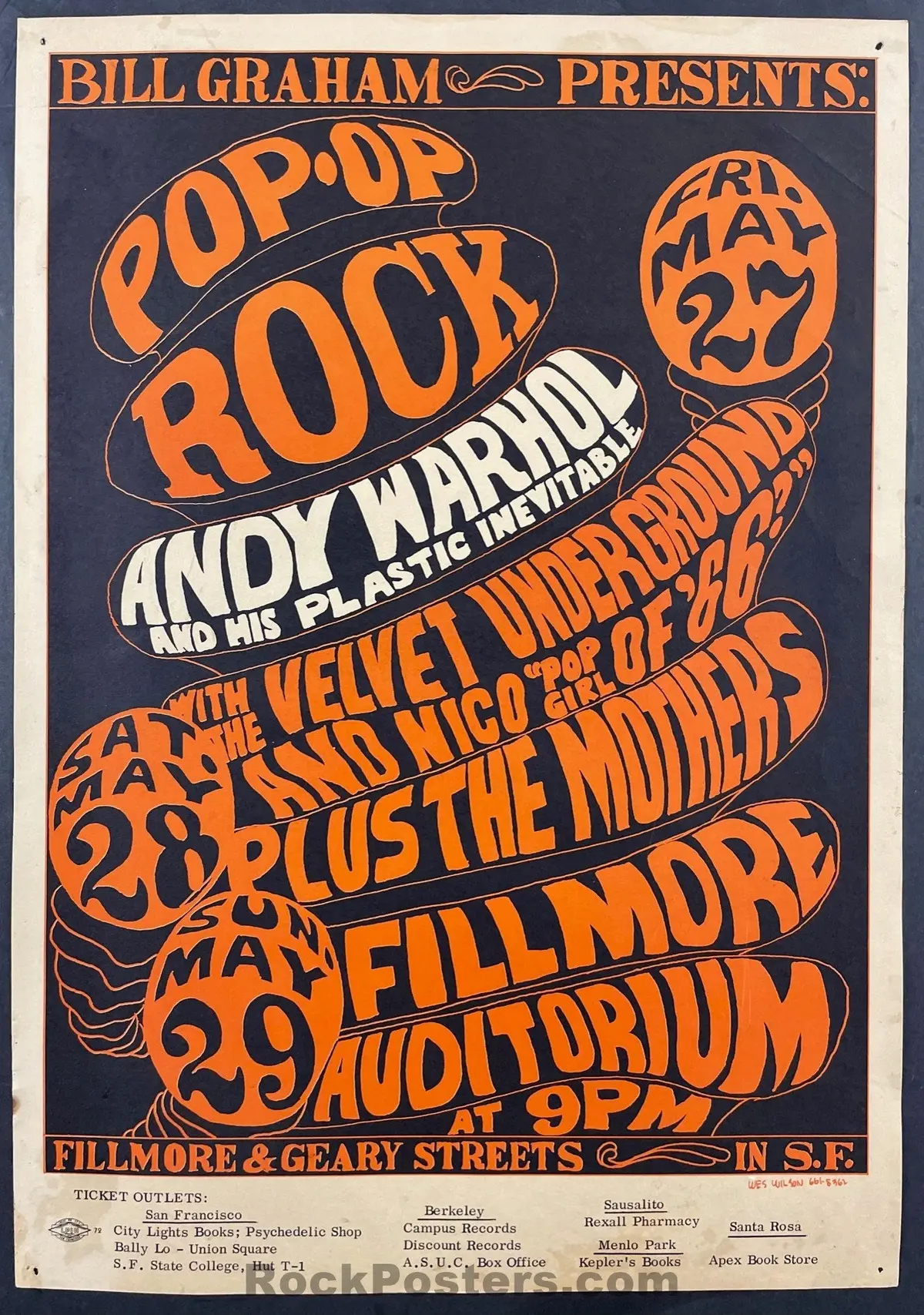 Auction - Bg-8 - Velvet Underground - Andy Warhol - Wes Wilson - 1966 Fillmore Auditorium - 1966 Concert Poster -  Good 1