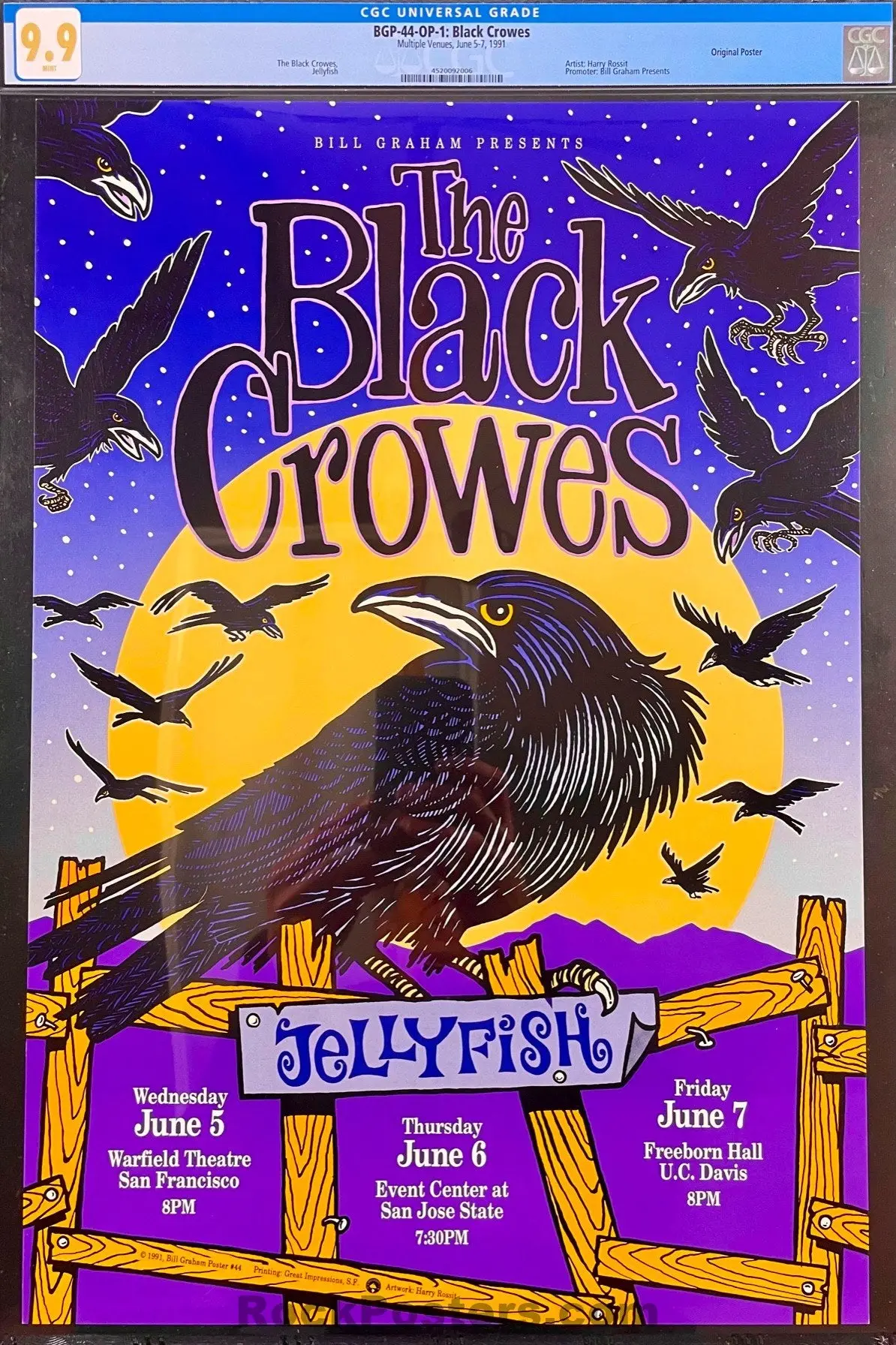 Auction - Bgp-44 - The Black Crowes - Harry Rossit - 1991 Poster - Warfield Theatre - Cgc Graded 9.9 Mint 1
