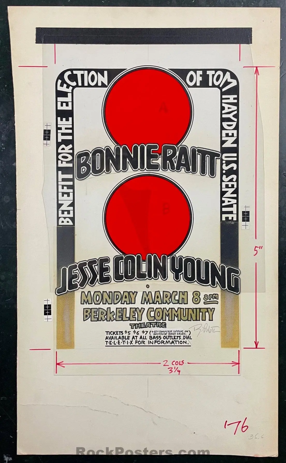 Auction - Original Art - Bonnie Raitt - Randy Tuten Signed - 1976 Benefit Concert - Berkeley Community Theater - Excellent 1