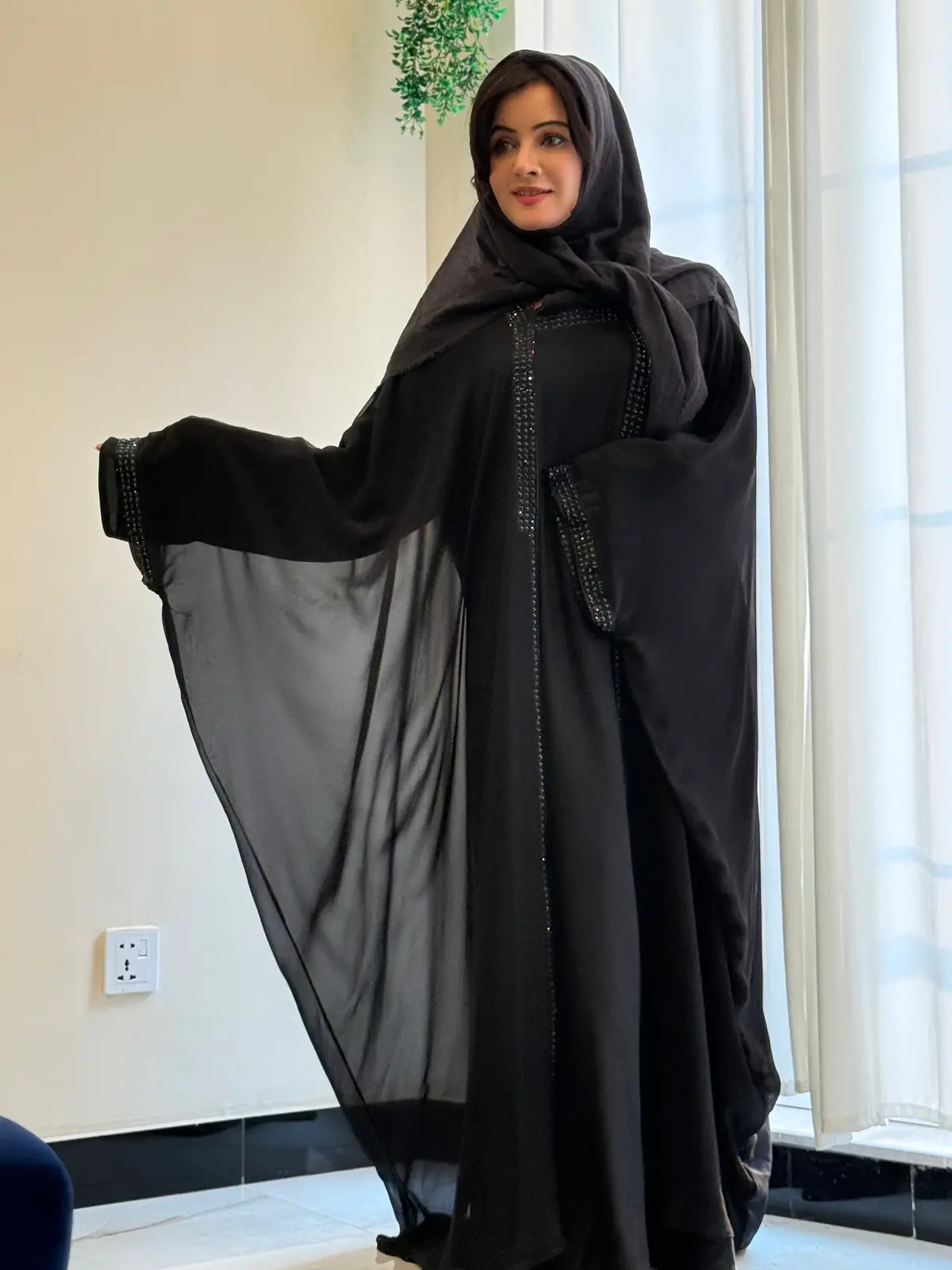 Elegant Black Abaya With Black Stone Detailing – Haya By Rabi 4