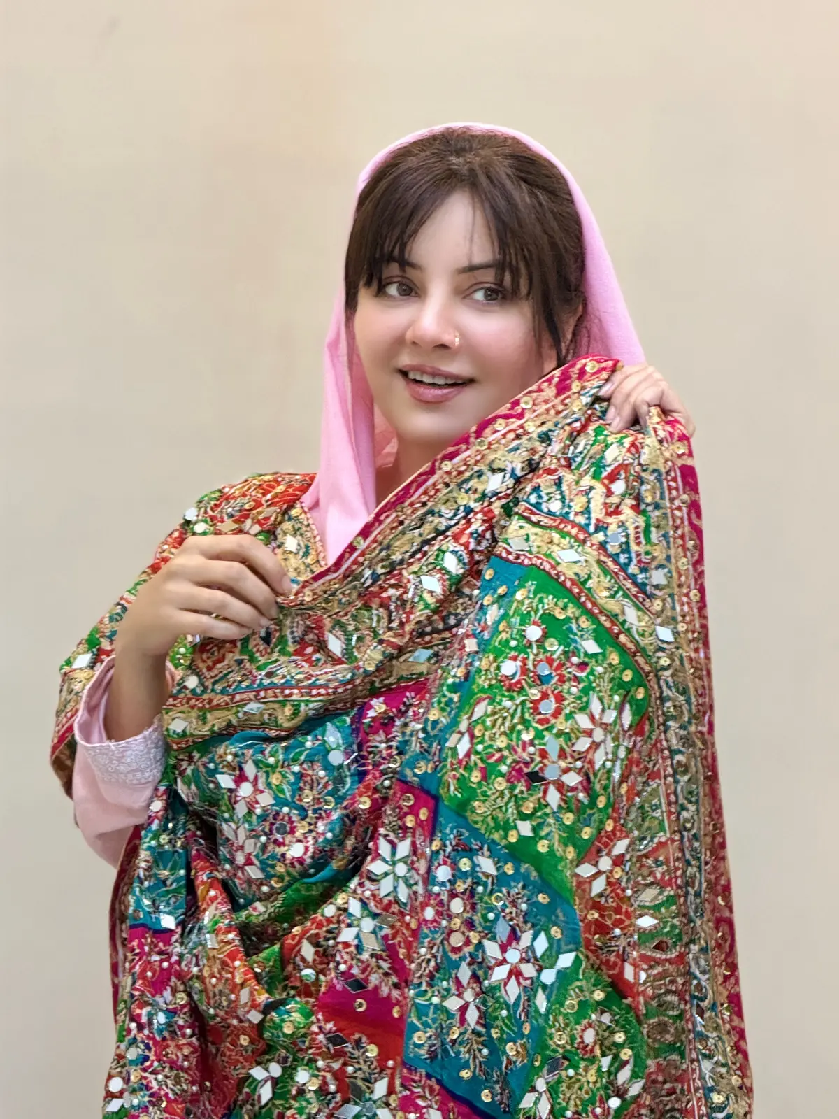 Printed Shawl With Mirror Pasting Work (Multicolour) 1