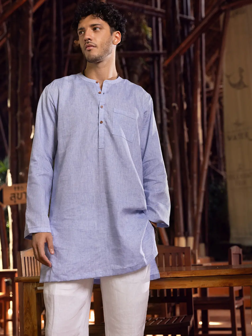 Light Blue Linen Short Kurta - Alcr-K-025 3