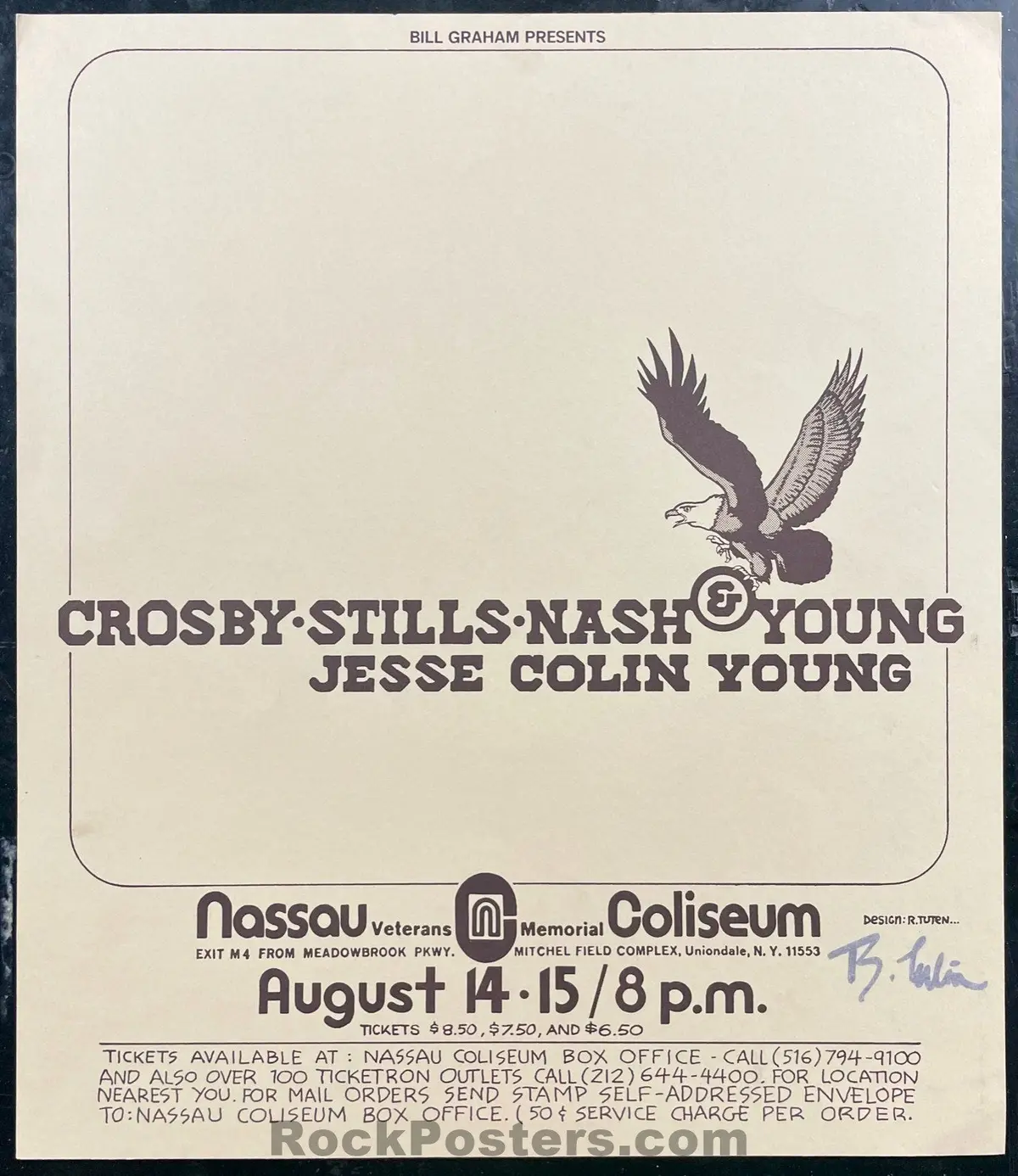 Auction - Crosby, Stills Nash & Young - Randy Tuten Signed - Nassau Coliseum - 1974 Concert Poster - Near Mint Minus 1