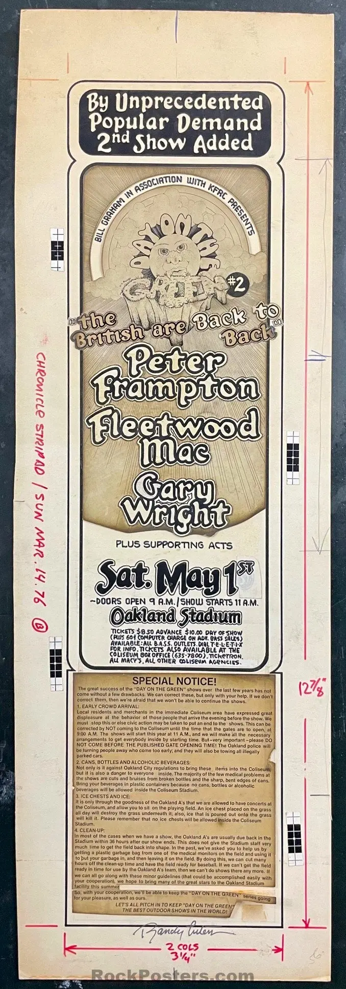 Auction - Original Art - Day On The Green #2 - Fleetwood Mac - Randy Tuten Signed - 1976 Sf Chronicle Ad - Oakland Coliseum - Excellent 1