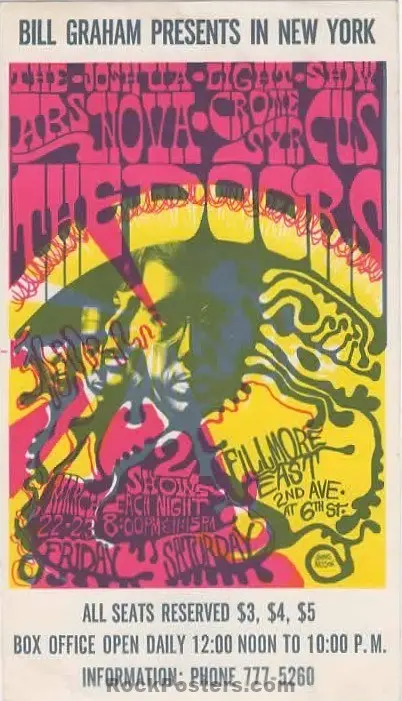 Auction - The Doors - 1968 Handbill - Fillmore East - New York City - Near Mint Minus 1
