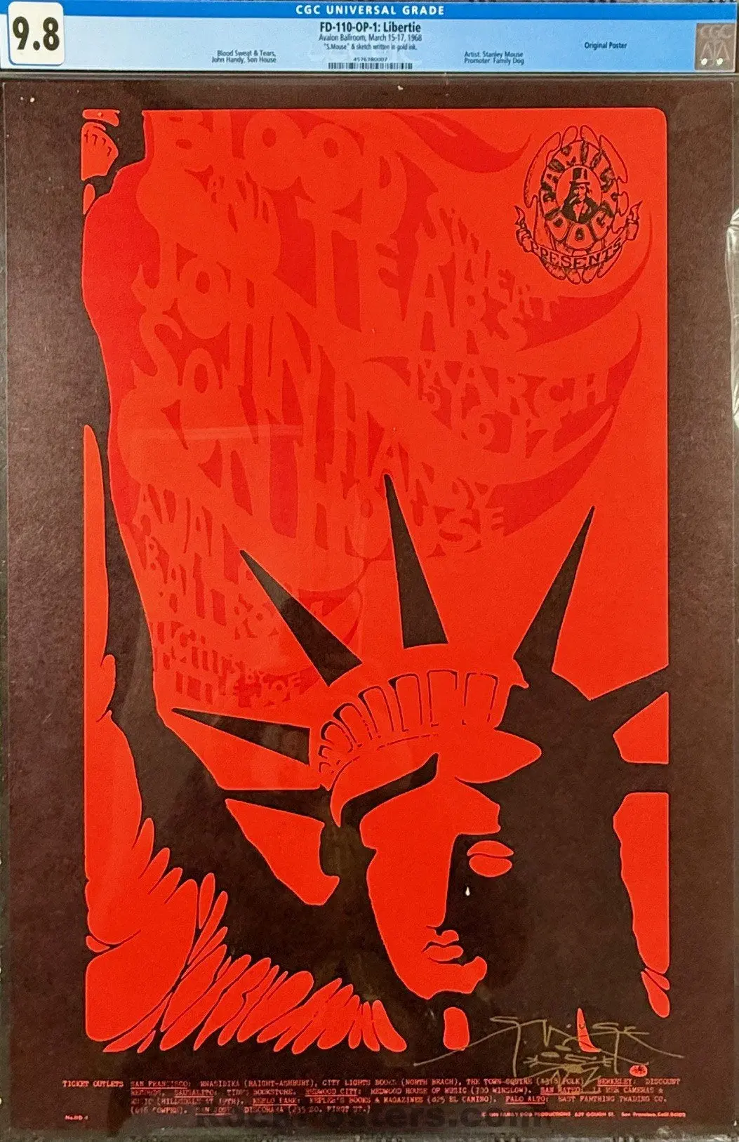 Auction - Fd-110 - Blood, Sweat, And Tears - Mouse Signed - 1968 Poster - Avalon Ballroom - Cgc Graded 9.8 1