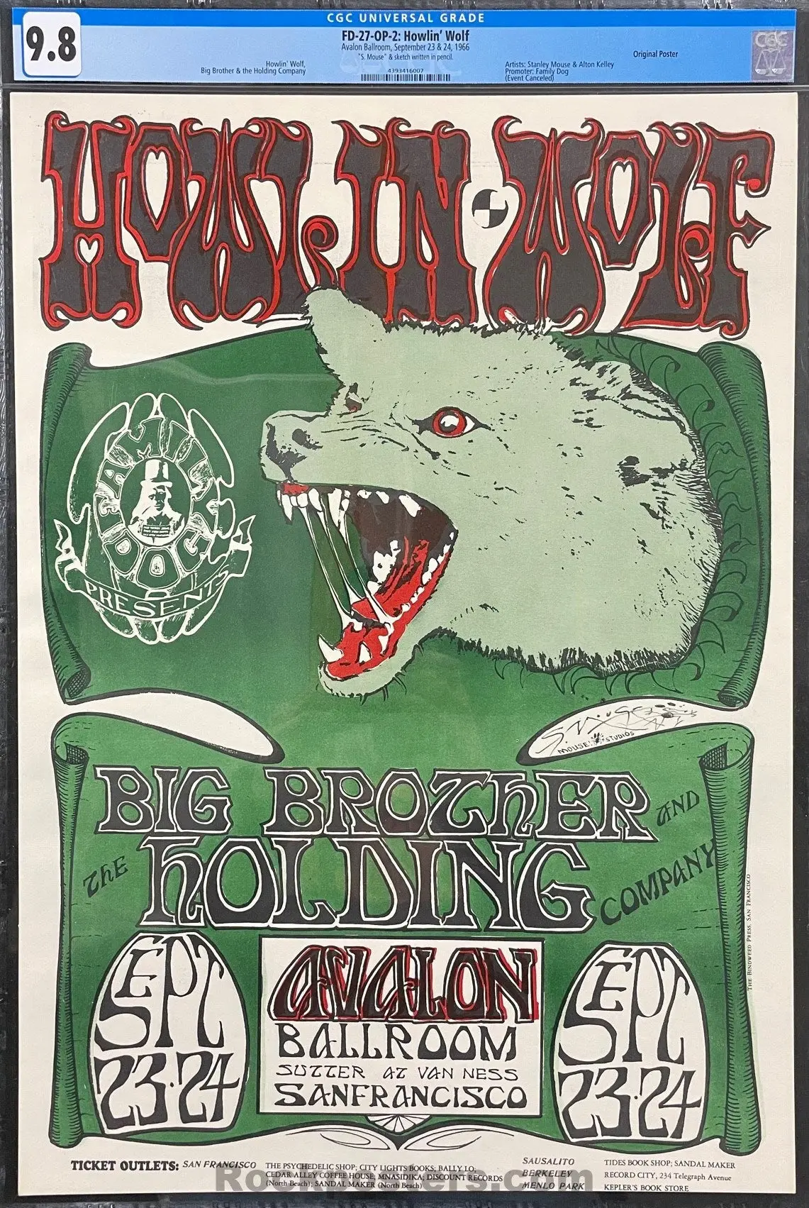 Auction - Fd-27 - Howlin Wolf/Janis Joplin - Stanley Mouse Signed - 1966 Concert Poster - Avalon Ballroom - Cgc Graded 9.8 1