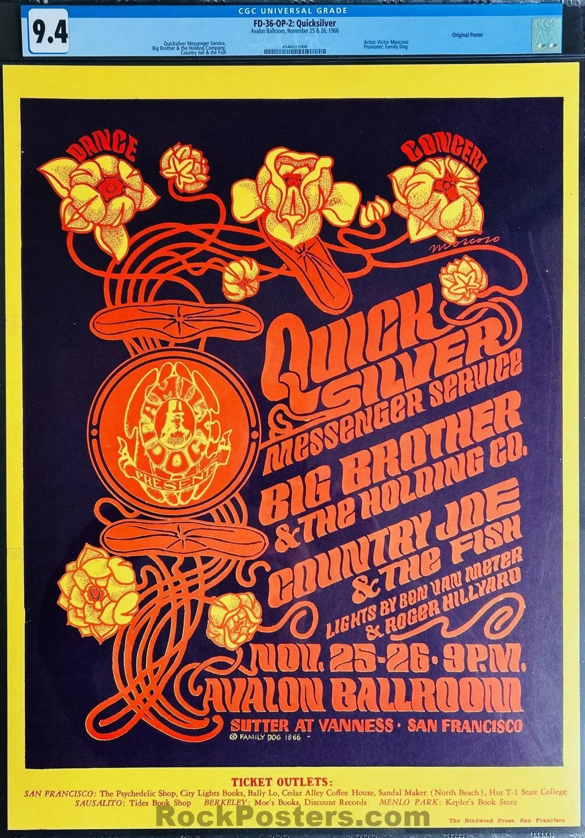 Auction - Fd-36 - Quicksilver Messenger - Janis Joplin - Victor Moscoso - 1966 Poster - Avalon Ballroom - Cgc Graded 9.4 1