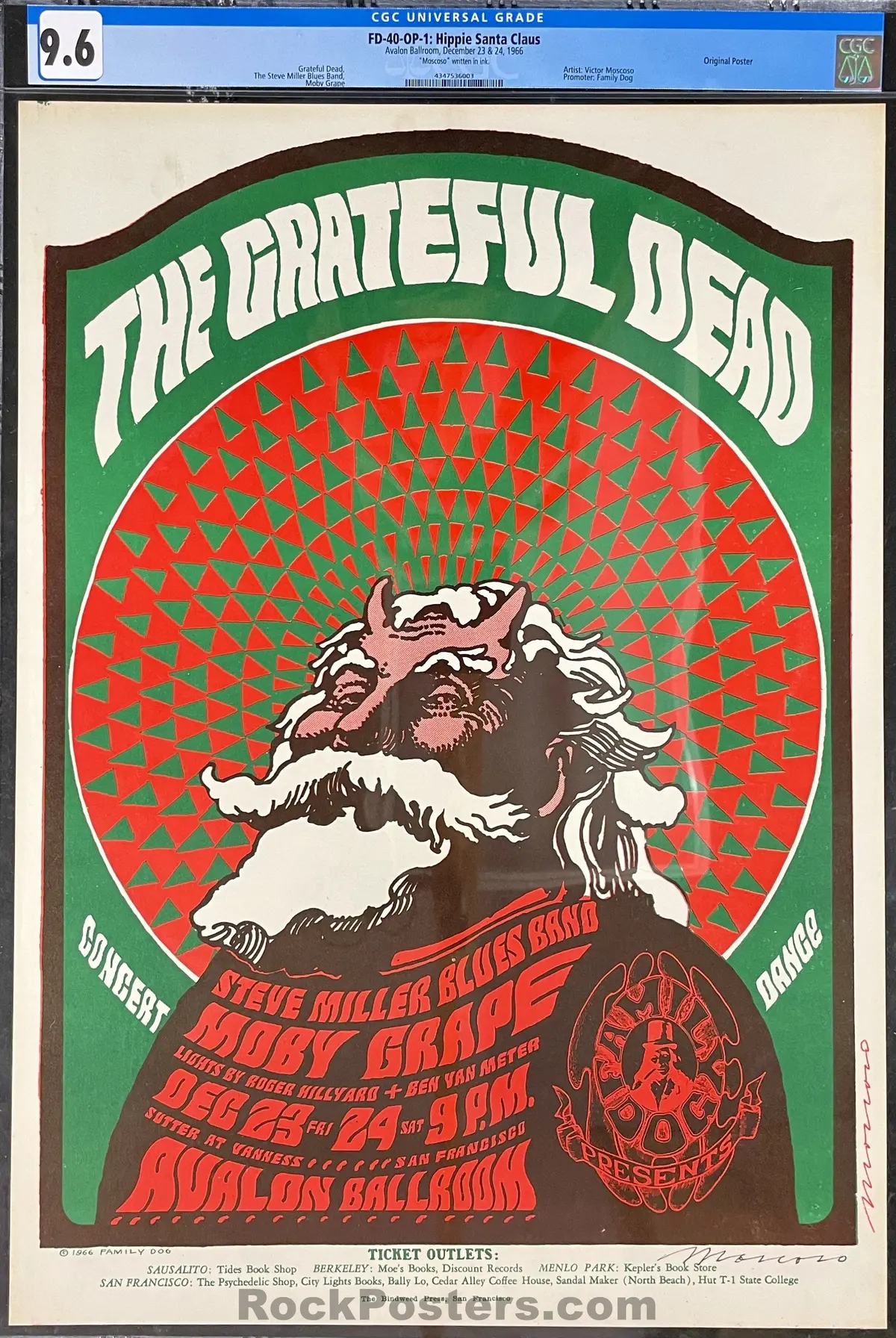 Auction - Fd-40 - Grateful Dead - Victor Moscoso Signed - 1966 Concert Poster - Avalon Ballroom - Cgc Graded 9.6 1
