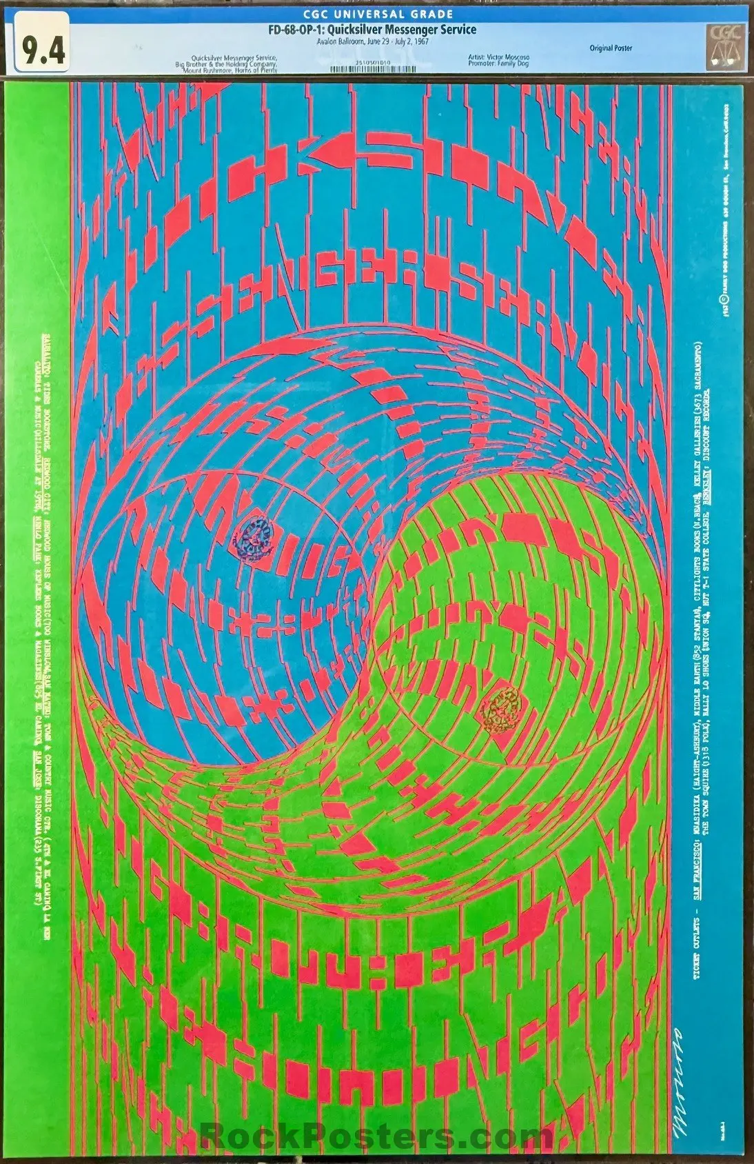 Auction - Fd-68 - Quicksilver Messenger - Victor Moscoso - 1967 Poster - Avalon Ballroom - Cgc Graded 9.4 1