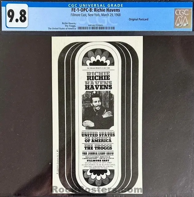 Auction - Fe-1 - Richie Havens - 1968 Postcard - Fillmore East - Cgc Graded 9.8 1