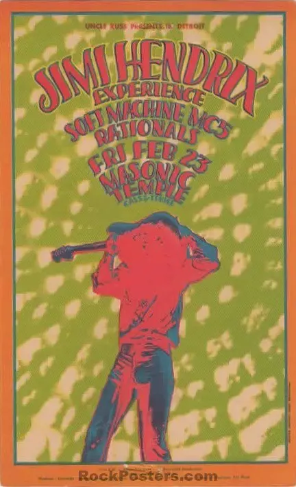 Auction - Aor 3.139 - Jimi Hendrix - Mc5 - 1968 Postcard - Masonic Detroit - Excellent 1