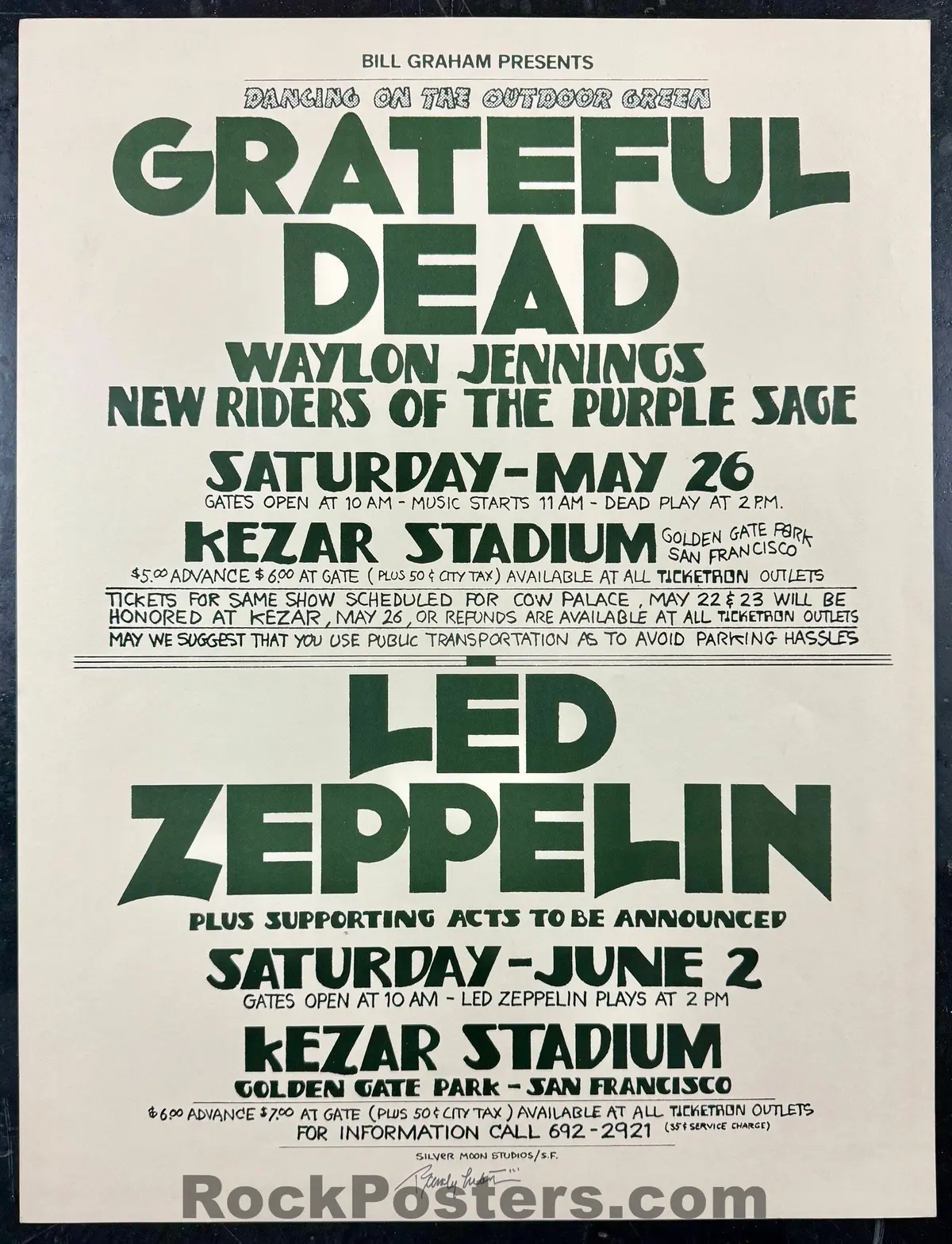 Auction - Grateful Dead - Led Zeppelin - Randy Tuten Signed - 1973 Poster - Kezar Stadium - Excellent 1