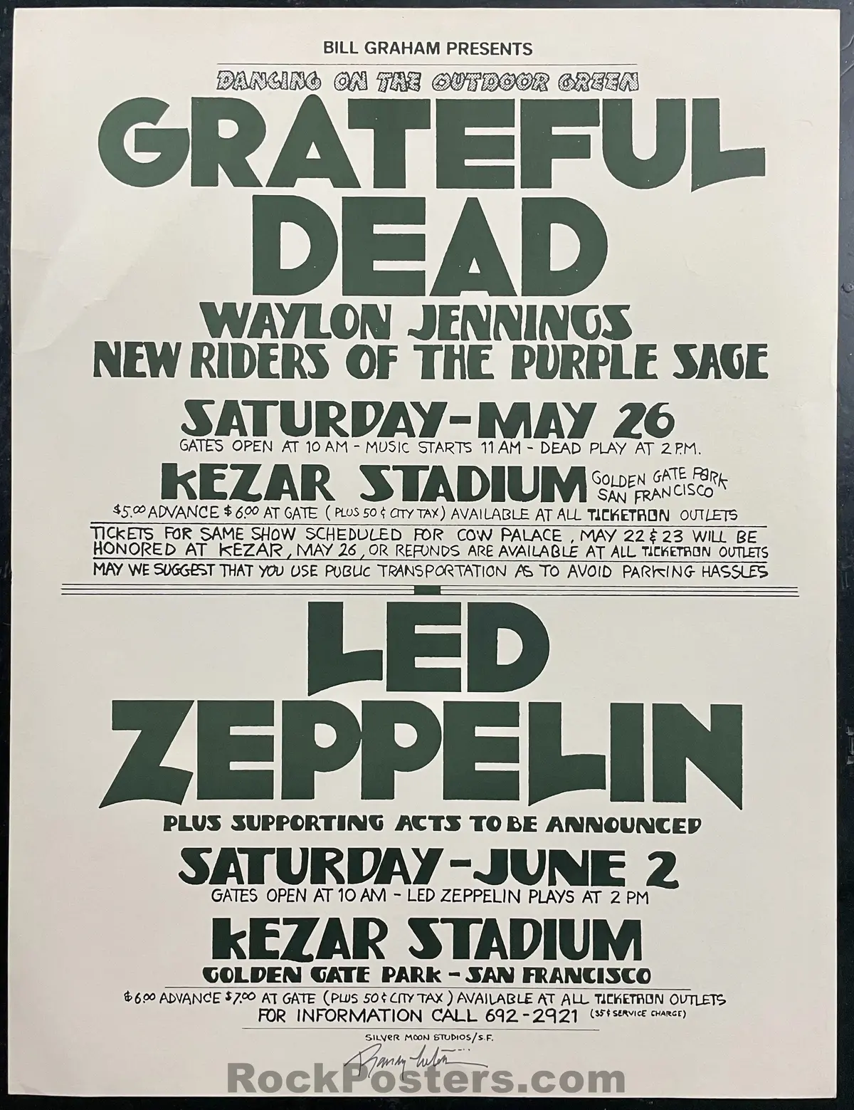 Auction - Grateful Dead Led Zeppelin - Randy Tuten Signed - 1973 Poster - Kezar Stadium - Excellent 1