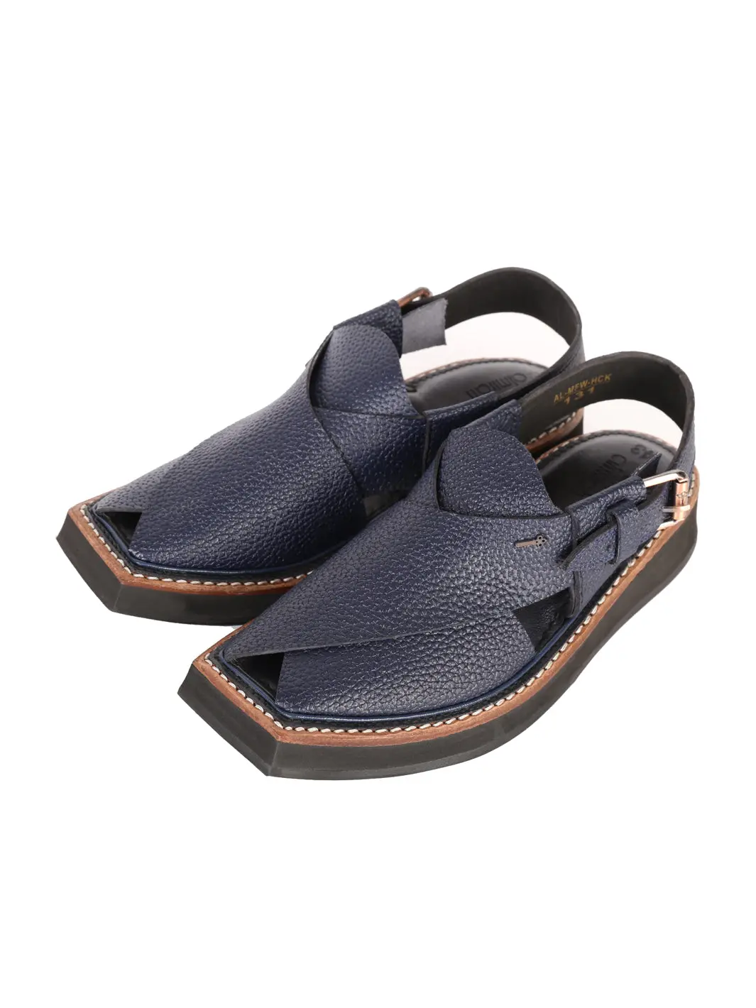 Blue Textured Leather Peshawari Chappal - Al-Mfw-Hck-131 1
