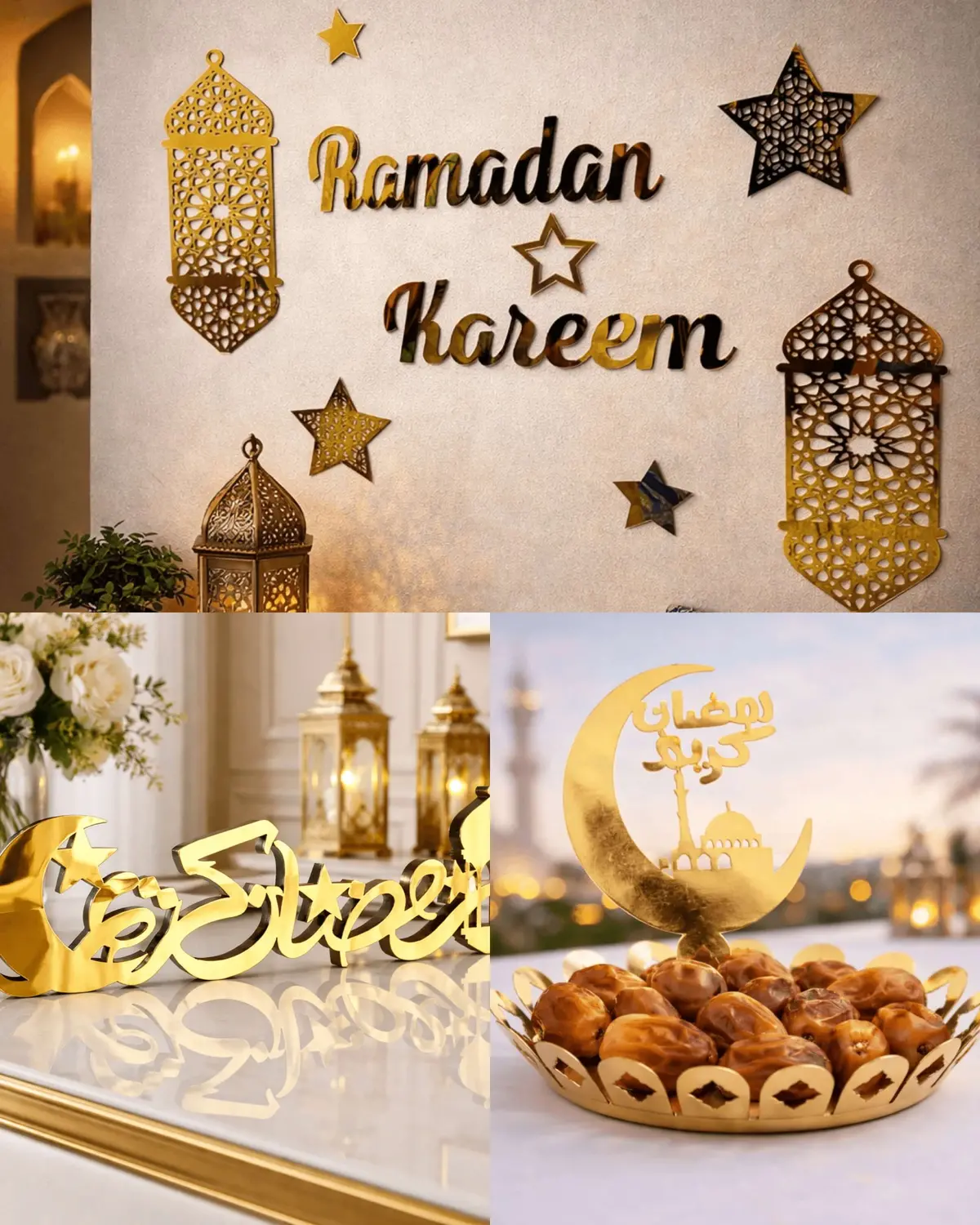 Ramadan Bundle 2: Metal Tray, Ramadan Kareem Table Toper, Ramadan Kareem Acrylic Wall Scenery 1