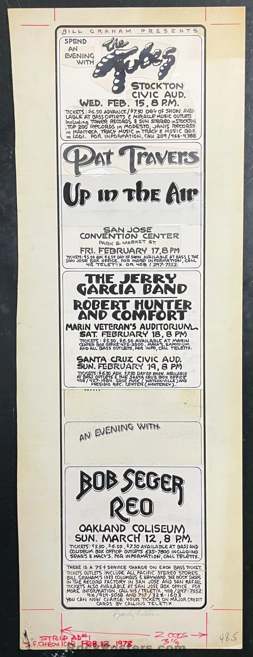 Auction - Original Art - Jerry Garcia Band - Randy Tuten Signed - 1978 Sf Chronicle Ad - Multiple Venues - Excellent 1