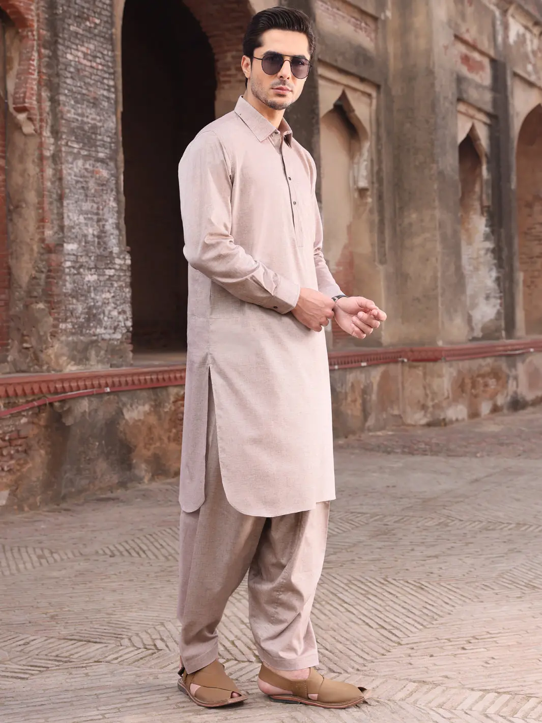 Light Brown Blended Kameez Shalwar - Alwa-Ks-218 1